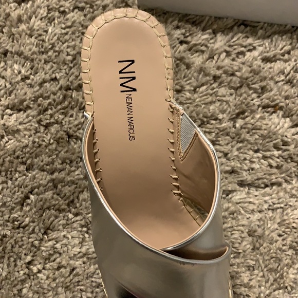 Neiman Marcus Silver Espadrille Wedge Sandals Crossover Straps - Picture 2 of 6
